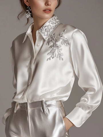 Celeste | White Satin Blouse With Silver Plant Embroidery